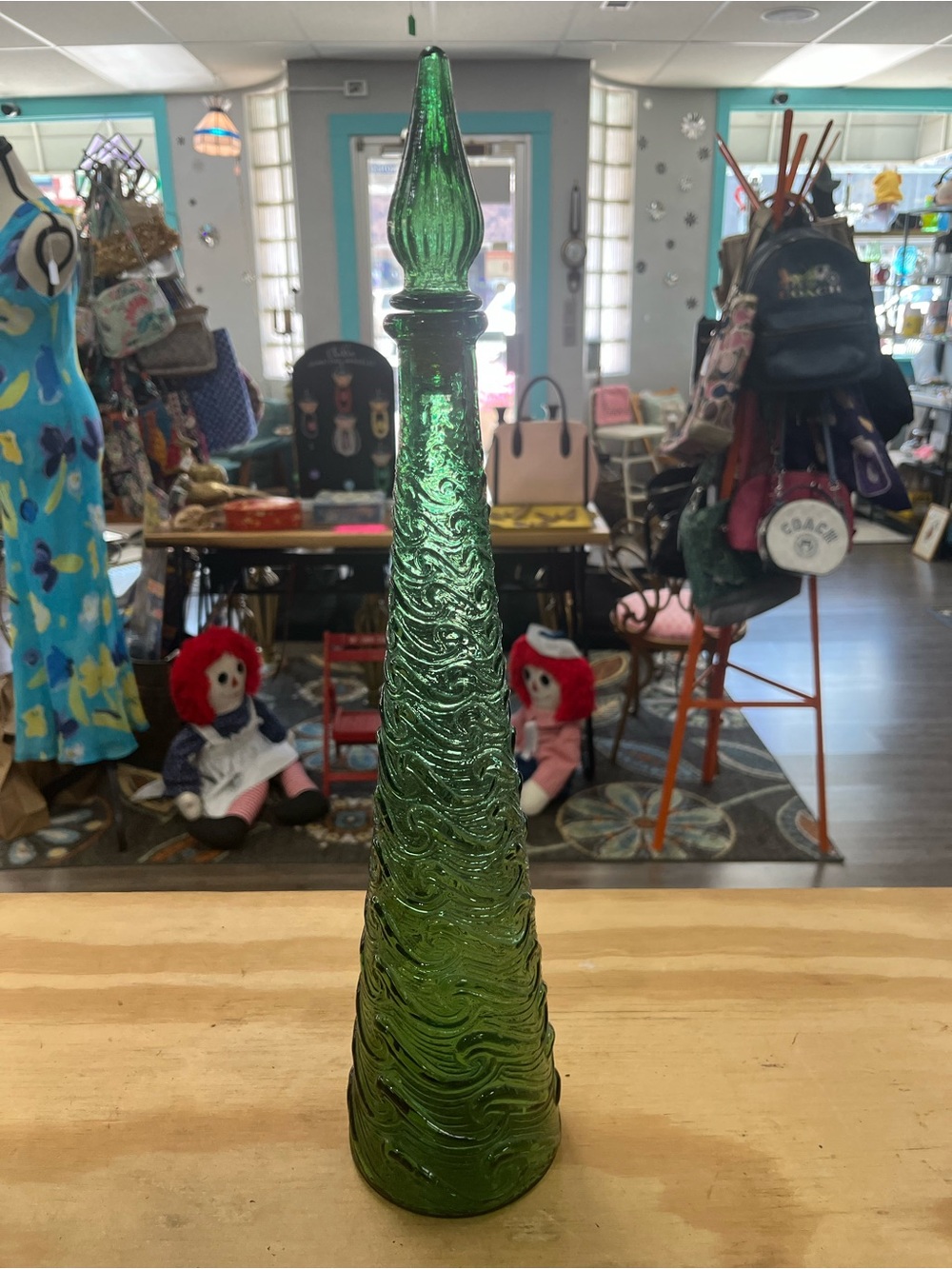 Vintage MCM Empoli Green Wave Genie Bottle Decanter with Stopper 19”